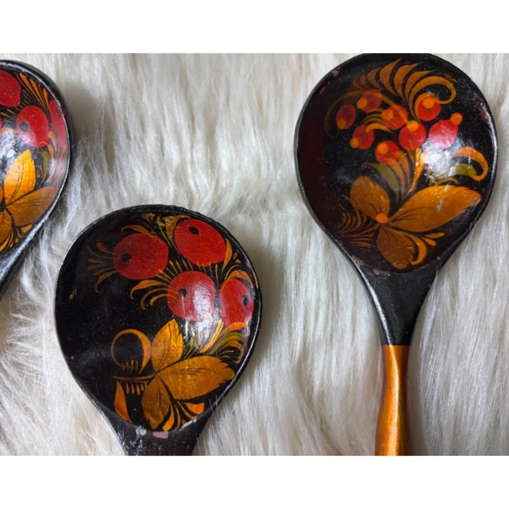 Vintage Khokhloma‎ Wooden Spoons Set 5 Hand Painted Russian Folk Art USSR Decor